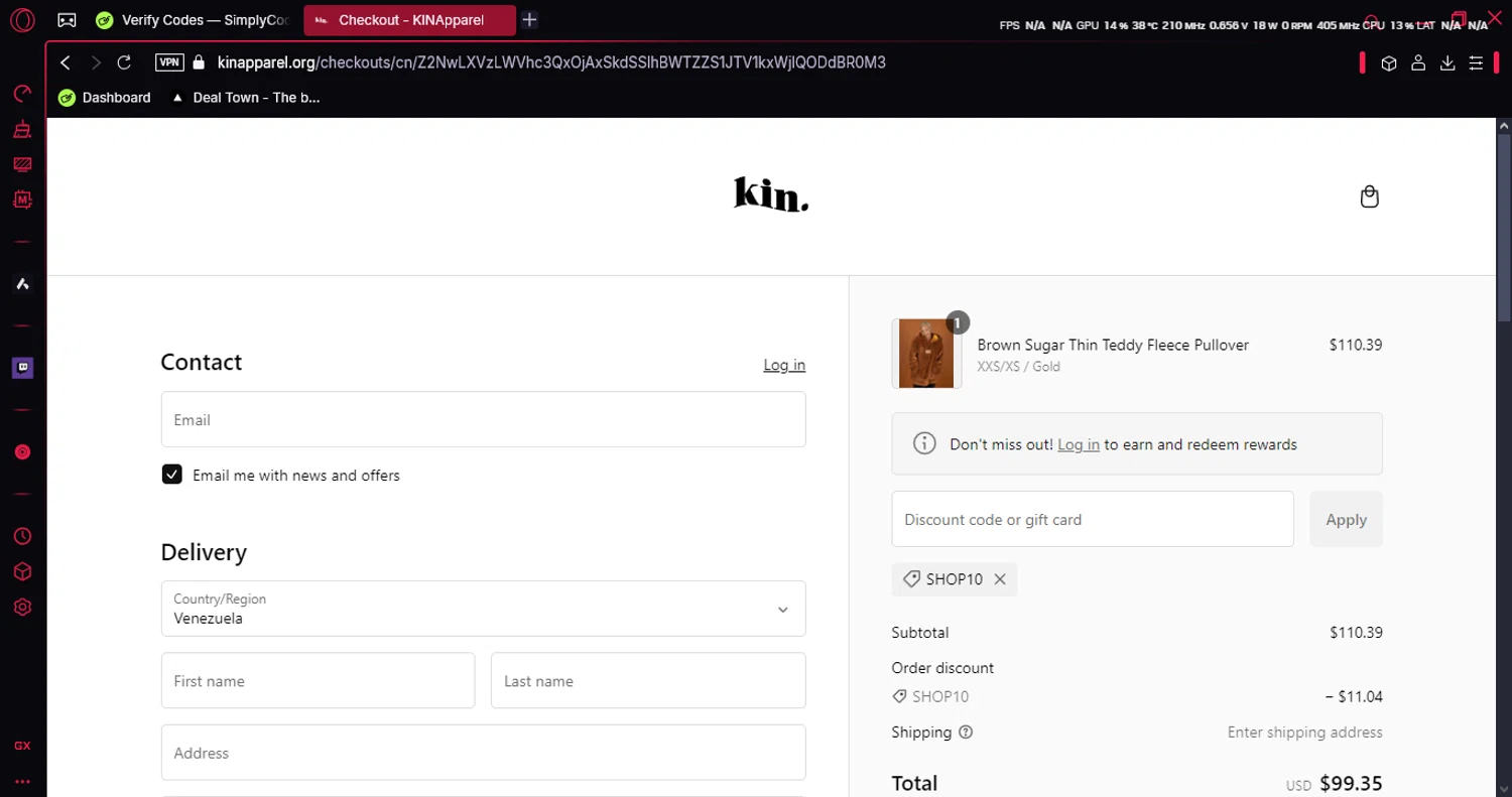 KIN Apparel discount code screenshot showing code SHOP10 applied at KIN Apparel checkout page. Uploaded by SimplyCodes community member luissi on Jan 4, 2025