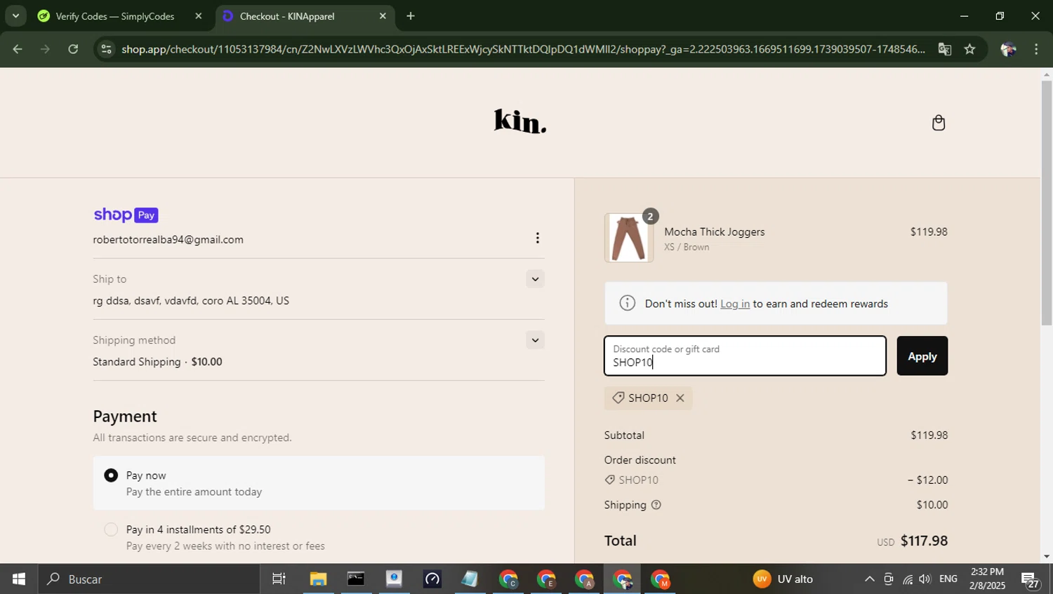 KIN Apparel discount code screenshot showing code SHOP10 applied at KIN Apparel checkout page. Uploaded by SimplyCodes community member alfredohernandez on Feb 8, 2025