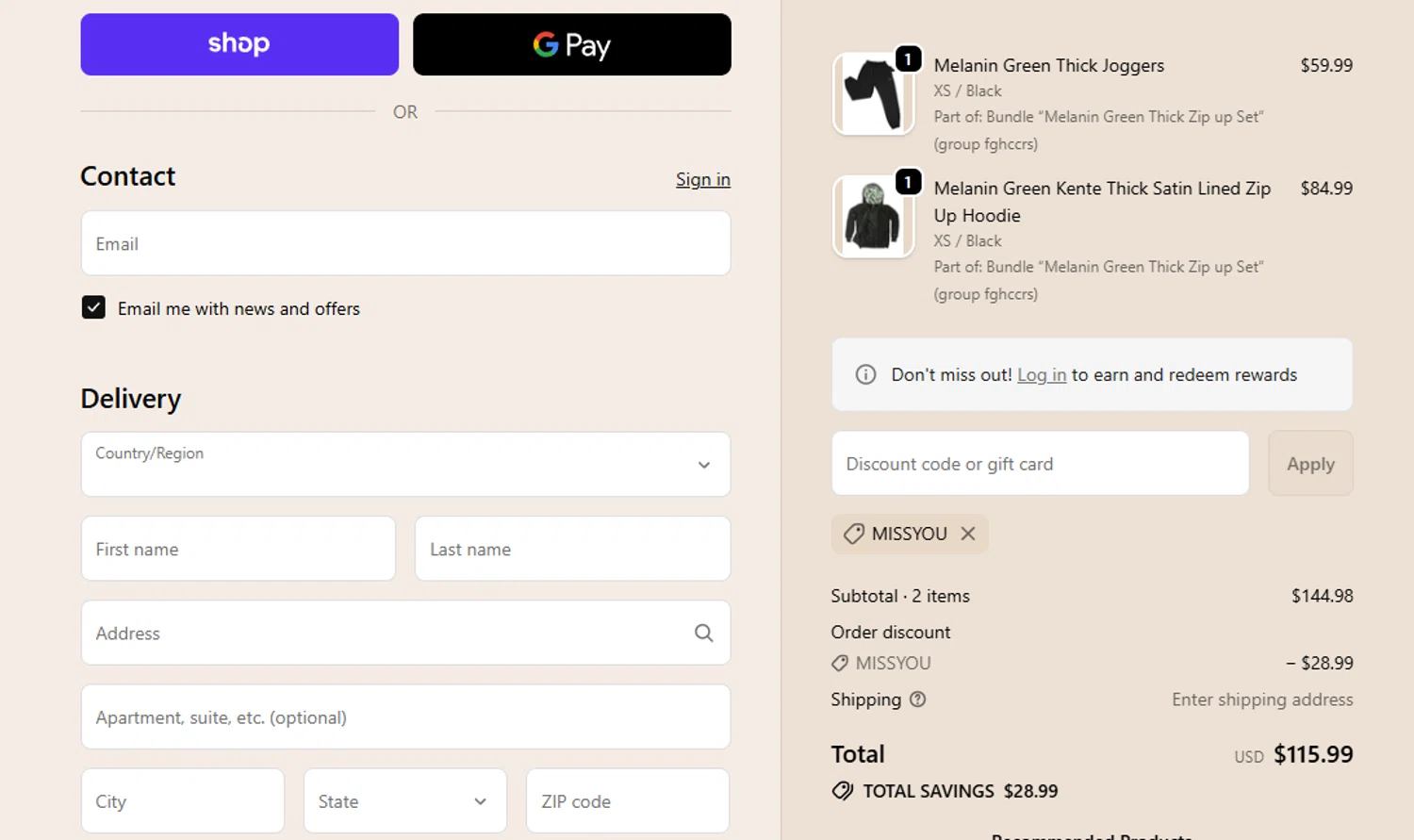 KIN Apparel discount code screenshot showing code MISSYOU applied at KIN Apparel checkout page. Uploaded by SimplyCodes community member Olorinnnnn on Dec 4, 2025