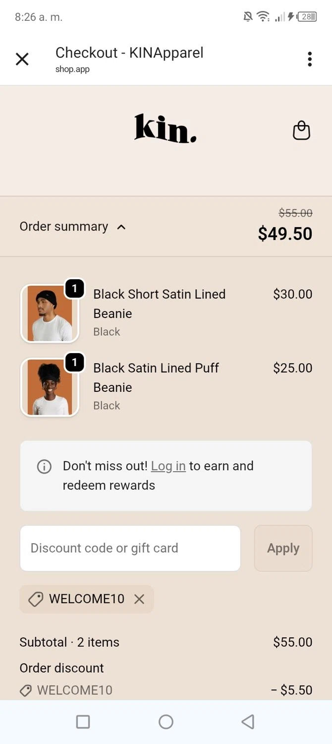 KIN Apparel discount code screenshot showing code Welcome10 applied at KIN Apparel checkout page. Uploaded by SimplyCodes community member tumiedo on Jan 15, 2026