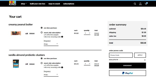KIND Snacks checkout page showing KIND Snacks promo code box | Screenshot taken by SimplyCodes community member on May 3, 2020
