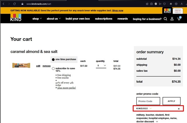KIND Snacks checkout page showing KIND Snacks promo code box | Screenshot taken by SimplyCodes community member on Dec 28, 2022