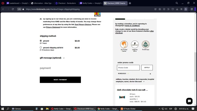 KIND Snacks checkout page showing KIND Snacks promo code box | Screenshot taken by SimplyCodes community member on Aug 26, 2023