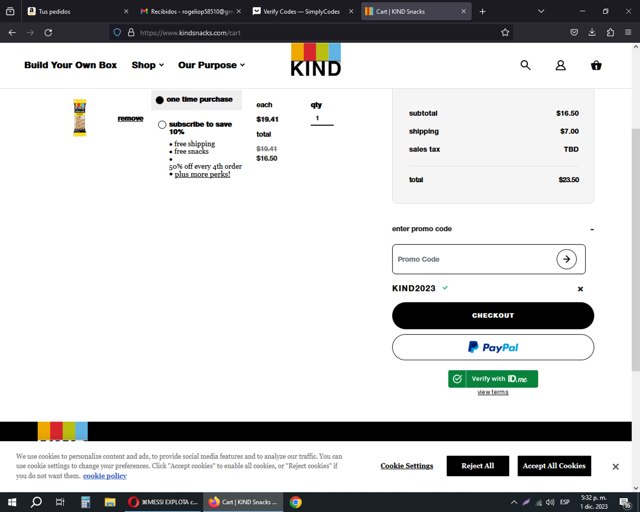 KIND Snacks checkout page showing KIND Snacks promo code box | Screenshot taken by SimplyCodes community member on Dec 1, 2023