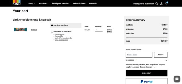 KIND Snacks checkout page showing KIND Snacks promo code box | Screenshot taken by SimplyCodes community member on Apr 5, 2023