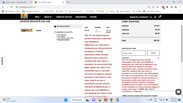 KIND Snacks checkout page showing KIND Snacks promo code box | Screenshot taken by SimplyCodes community member on Feb 6, 2023