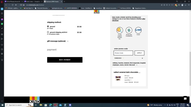KIND Snacks checkout page showing KIND Snacks promo code box | Screenshot taken by SimplyCodes community member on Jun 2, 2023