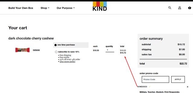 KIND Snacks checkout page showing KIND Snacks promo code box | Screenshot taken by SimplyCodes community member on Oct 4, 2023