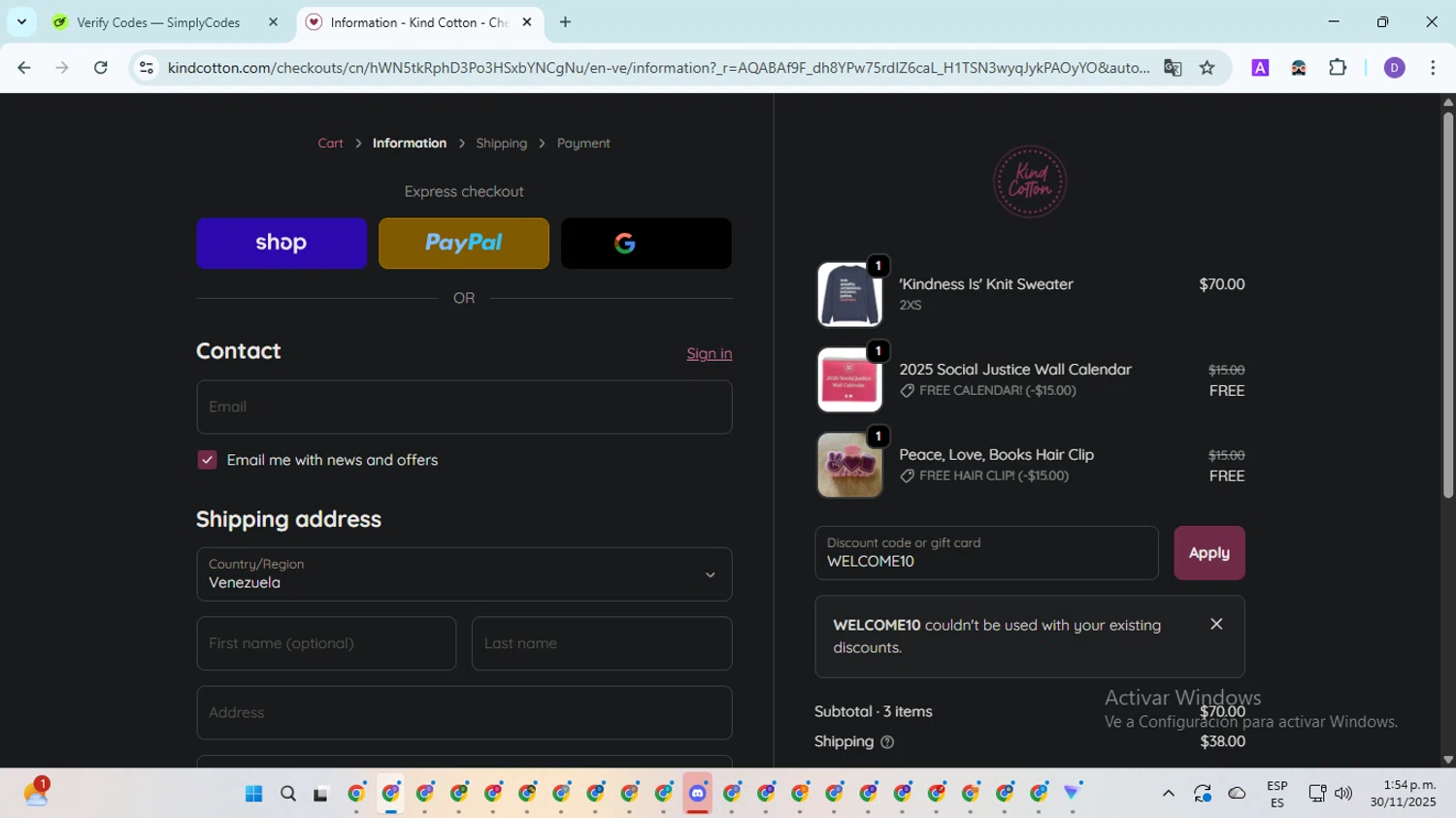Kind Cotton discount code screenshot showing code WELCOME10 applied at Kind Cotton checkout page. Uploaded by SimplyCodes community member EpicSpotter8045 on Nov 30, 2025