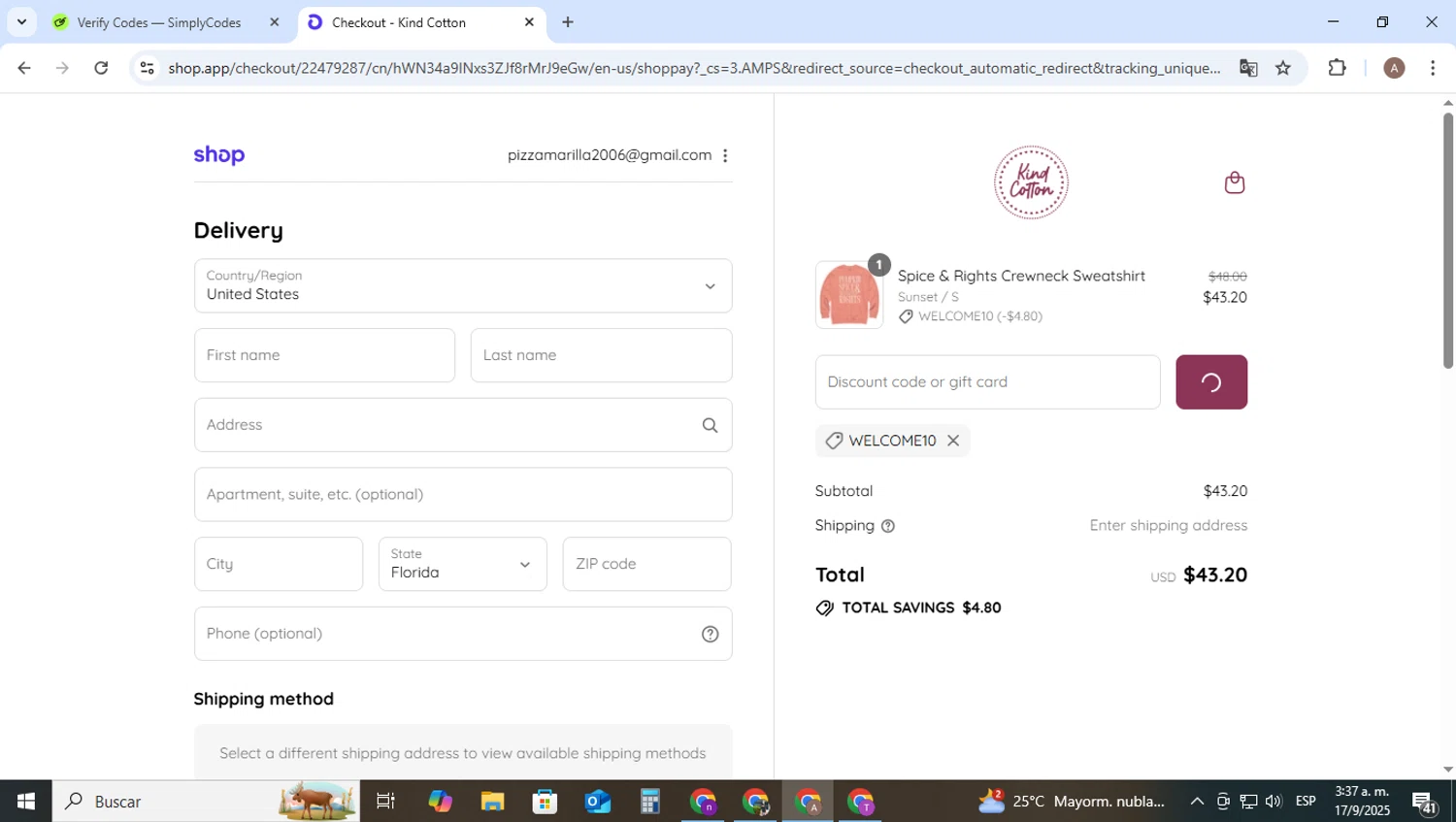 Kind Cotton discount code screenshot showing code WELCOME10 applied at Kind Cotton checkout page. Uploaded by SimplyCodes community member SwiftSage2309 on Sep 17, 2025