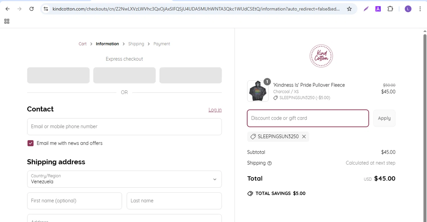 Kind Cotton discount code screenshot showing code SLEEPINGSUN3250 applied at Kind Cotton checkout page. Uploaded by SimplyCodes community member ShieldAce8475 on Mar 31, 2025