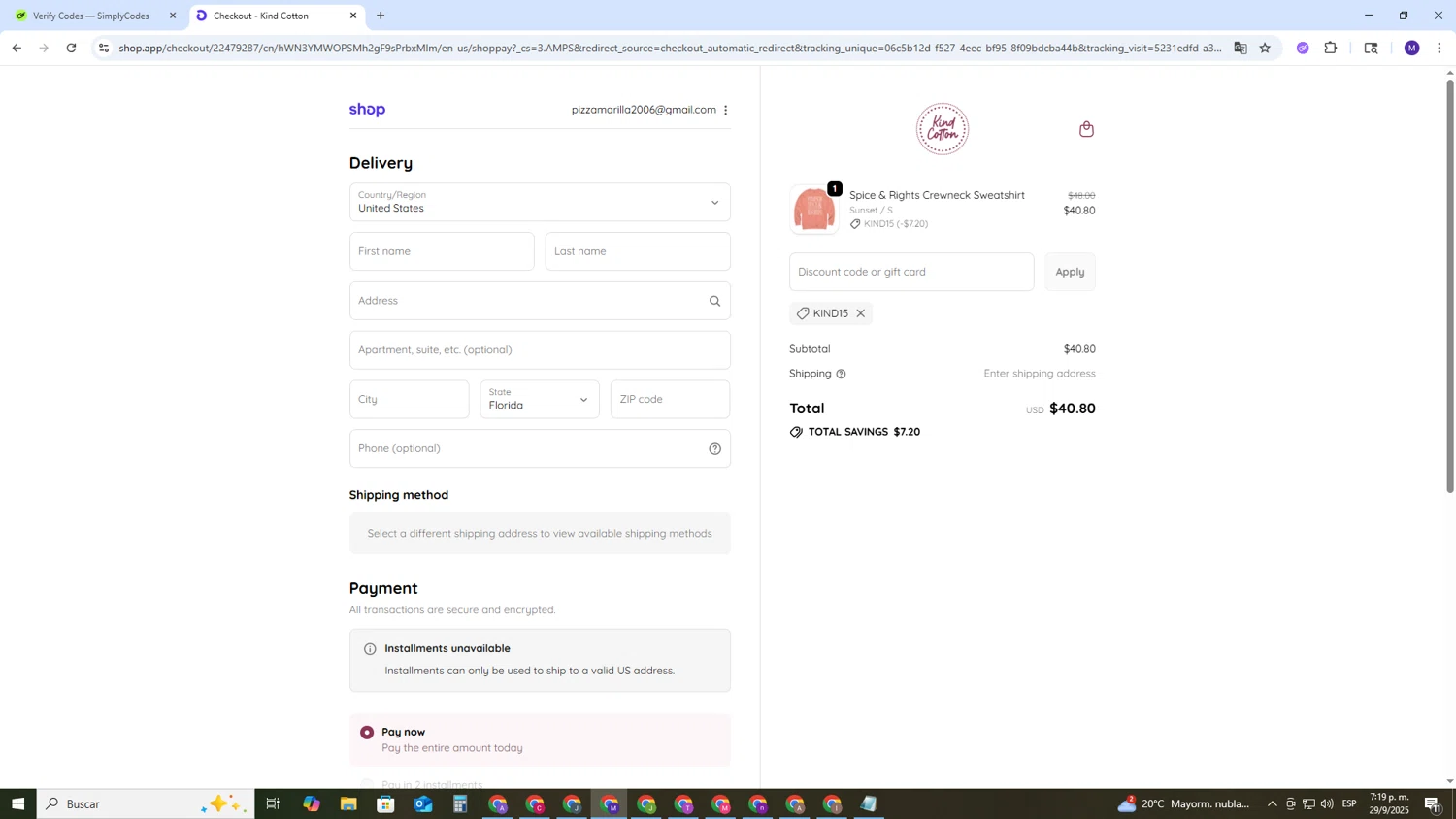 Kind Cotton discount code screenshot showing code KIND15 applied at Kind Cotton checkout page. Uploaded by SimplyCodes community member CRF250CC on Sep 29, 2025