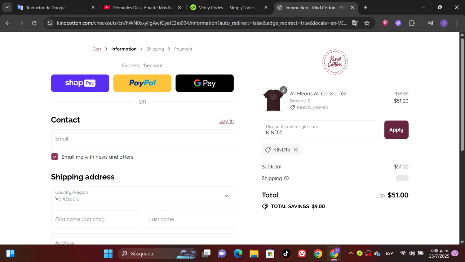 Kind Cotton discount code screenshot showing code KIND15 applied at Kind Cotton checkout page. Uploaded by SimplyCodes community member Patricioestrella on Jul 23, 2025