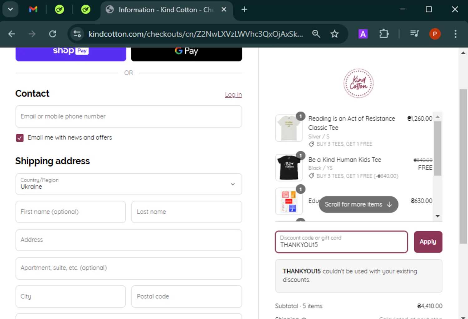 Kind Cotton discount code screenshot showing code THANKYOU15 applied at Kind Cotton checkout page. Uploaded by SimplyCodes community member Isabelle_adjanichamber on Mar 5, 2025
