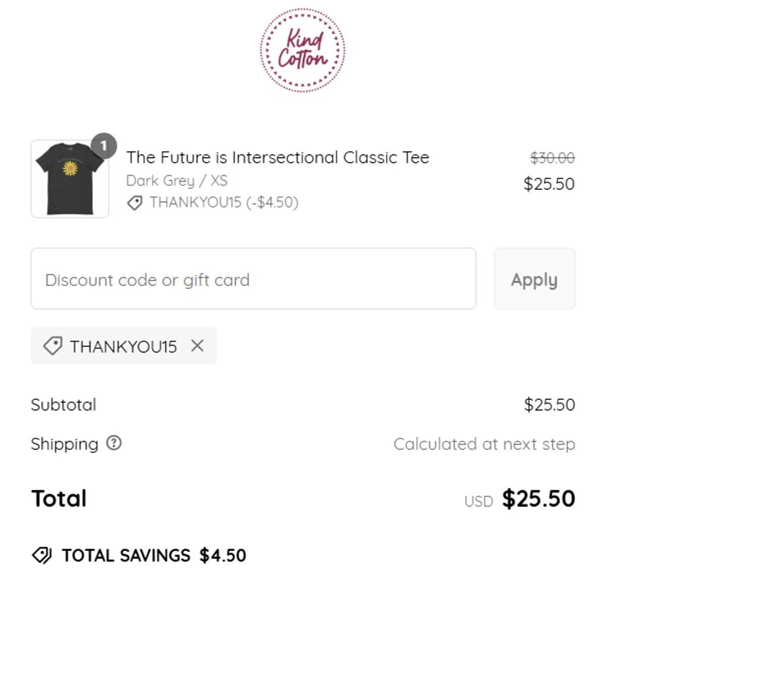 Kind Cotton discount code screenshot showing code THANKYOU15 applied at Kind Cotton checkout page. Uploaded by SimplyCodes community member EpicHawk5419 on Feb 26, 2025