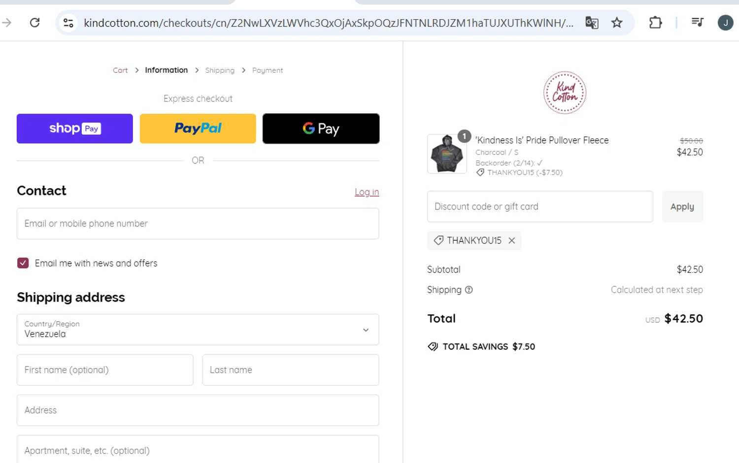 Kind Cotton discount code screenshot showing code THANKYOU15 applied at Kind Cotton checkout page. Uploaded by SimplyCodes community member BB9542251456527 on Jan 28, 2025