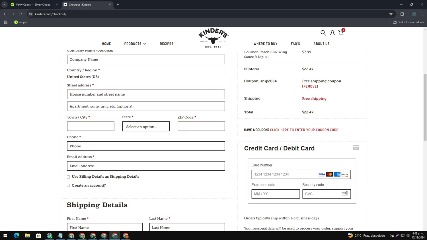 Kinder's checkout page showing Kinder's coupon code box | Screenshot taken by SimplyCodes community member on Dec 18, 2024
