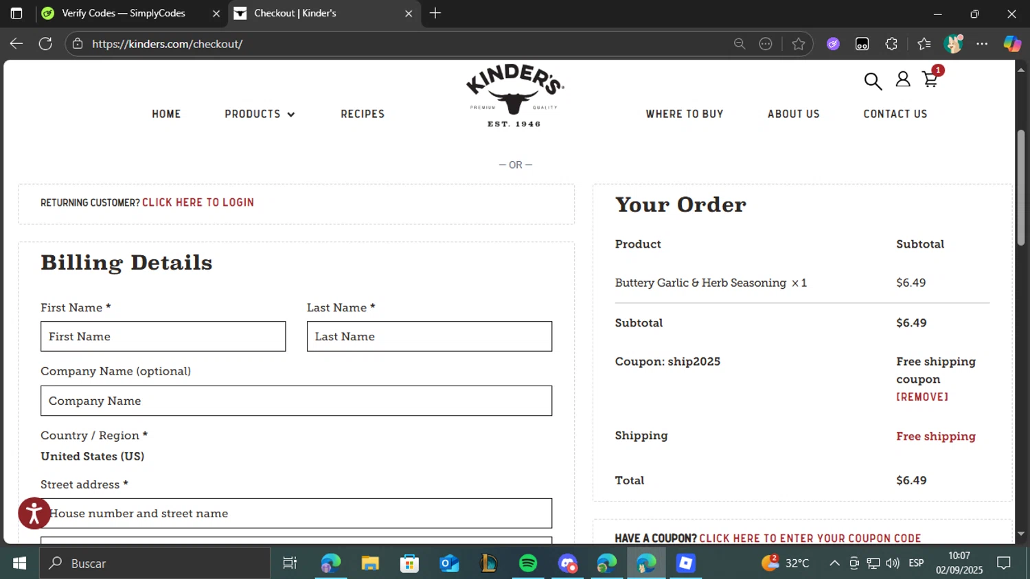 Kinder's coupon code screenshot showing code ship2025 applied at Kinder's checkout page. Uploaded by SimplyCodes community member CashCollector4109 on Sep 2, 2025