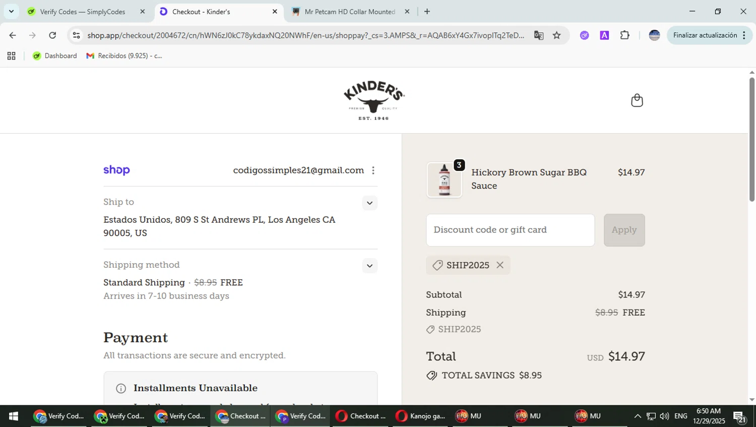 Kinder's coupon code screenshot showing code ship2025 applied at Kinder's checkout page. Uploaded by SimplyCodes community member Typhlosion on Dec 29, 2025
