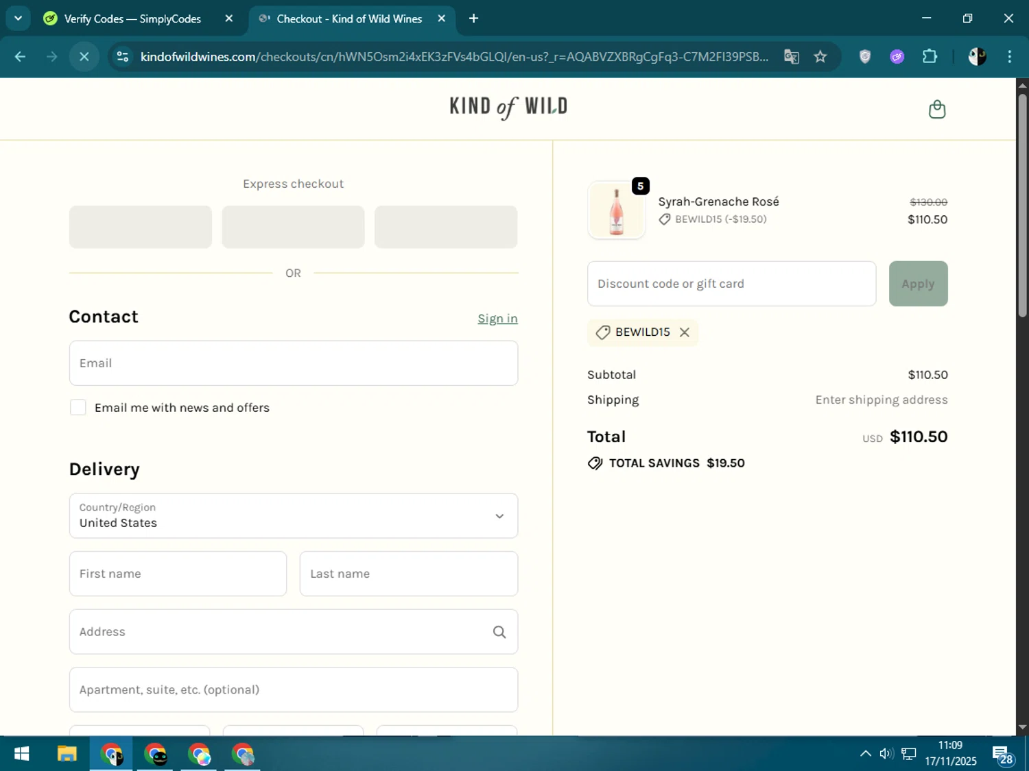 Kind of Wild promo code screenshot showing code BEWILD15 applied at Kind of Wild checkout page. Uploaded by SimplyCodes community member CleverSage9163 on Nov 17, 2025
