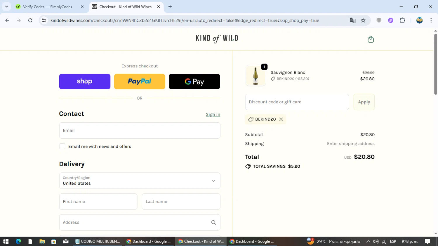 Kind of Wild promo code screenshot showing code Bekind20 applied at Kind of Wild checkout page. Uploaded by SimplyCodes community member EpicTracker8800 on Oct 30, 2025