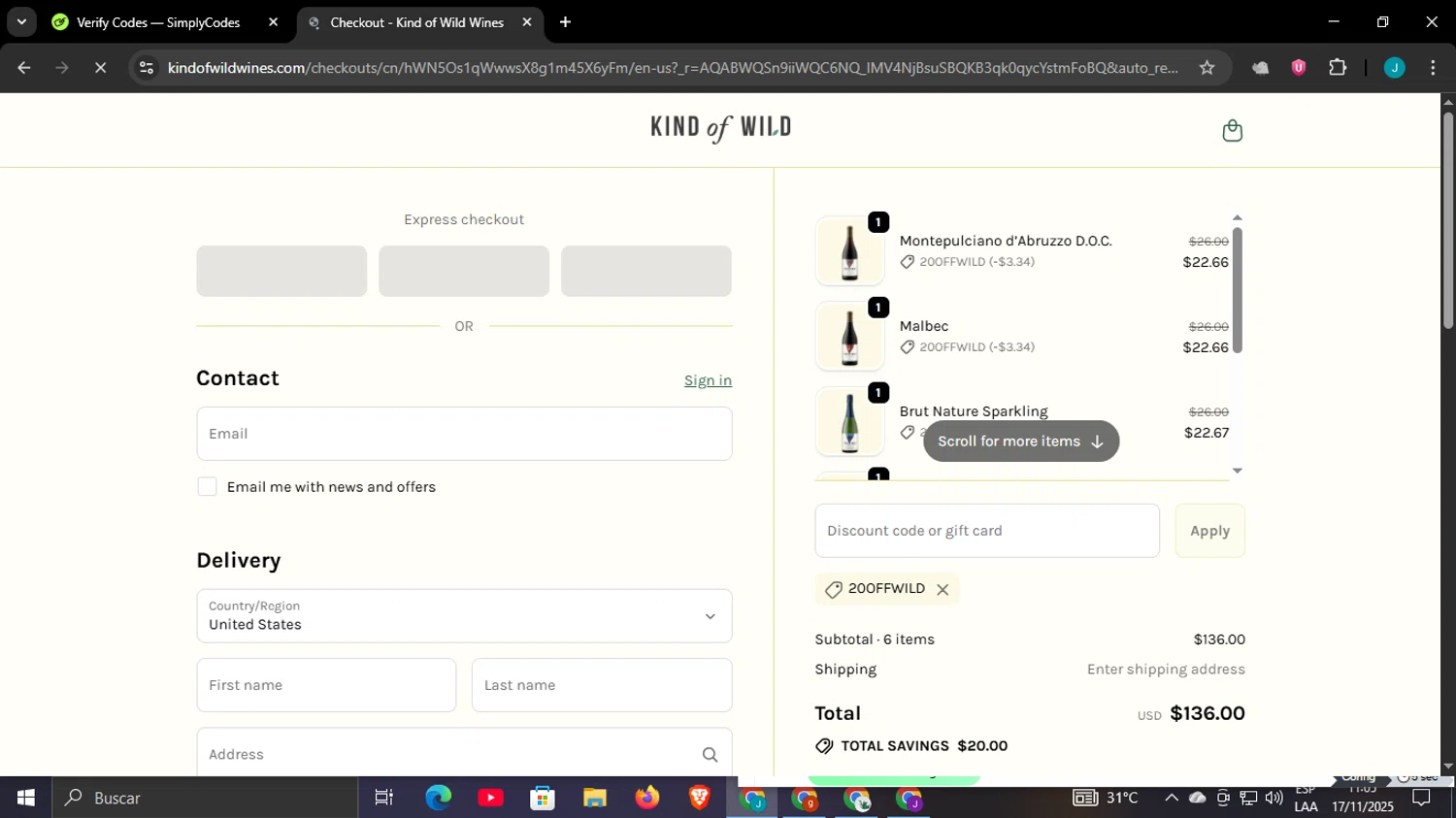 Kind of Wild promo code screenshot showing code 20OFFWILD applied at Kind of Wild checkout page. Uploaded by SimplyCodes community member WonderCaptain6926 on Nov 17, 2025