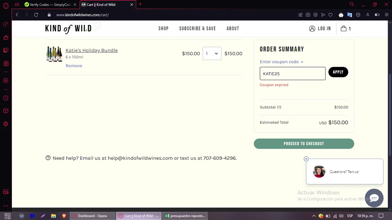 Kind of Wild promo code screenshot showing code KATIE25 applied at Kind of Wild checkout page. Uploaded by SimplyCodes community member CleverMaven2889 on Jan 5, 2025