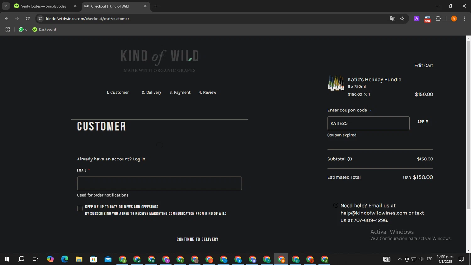 Kind of Wild promo code screenshot showing code KATIE25 applied at Kind of Wild checkout page. Uploaded by SimplyCodes community member PromoTitan1625 on Jan 5, 2025