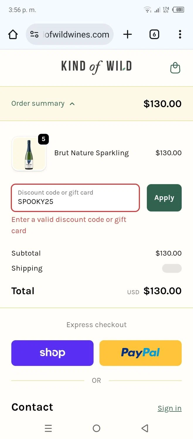 Kind of Wild promo code screenshot showing code SPOOKY25 applied at Kind of Wild checkout page. Uploaded by SimplyCodes community member leninandrea on Nov 6, 2025
