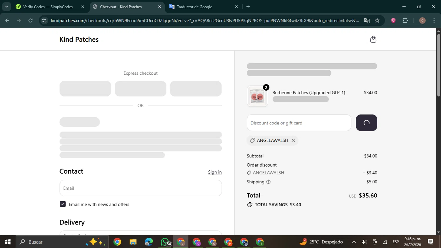 Kind Patches promo code screenshot showing code ANGELAWALSH applied at Kind Patches checkout page. Uploaded by SimplyCodes community member NobleExpert6497 on Feb 27, 2026