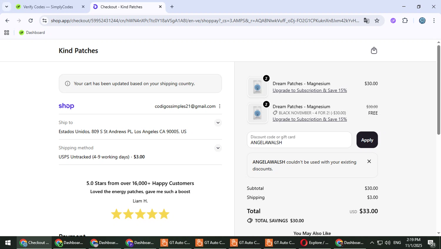 Kind Patches discount code screenshot showing code ANGELAWALSH applied at Kind Patches checkout page. Uploaded by SimplyCodes community member PokeGOAT on Nov 1, 2025