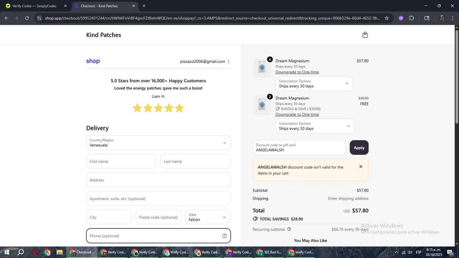 Kind Patches discount code screenshot showing code ANGELAWALSH applied at Kind Patches checkout page. Uploaded by SimplyCodes community member xxdddd on Oct 18, 2025