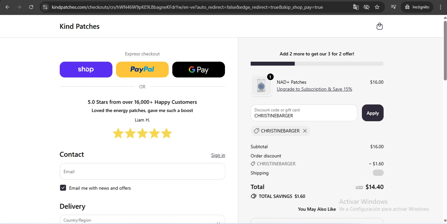 Kind Patches discount code screenshot showing code CHRISTINEBARGER applied at Kind Patches checkout page. Uploaded by SimplyCodes community member UchihaMadara on Oct 14, 2025