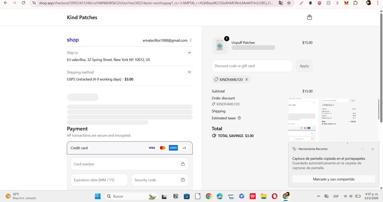 Kind Patches checkout page showing Kind Patches discount code box | Screenshot taken by SimplyCodes community member on Feb 13, 2026