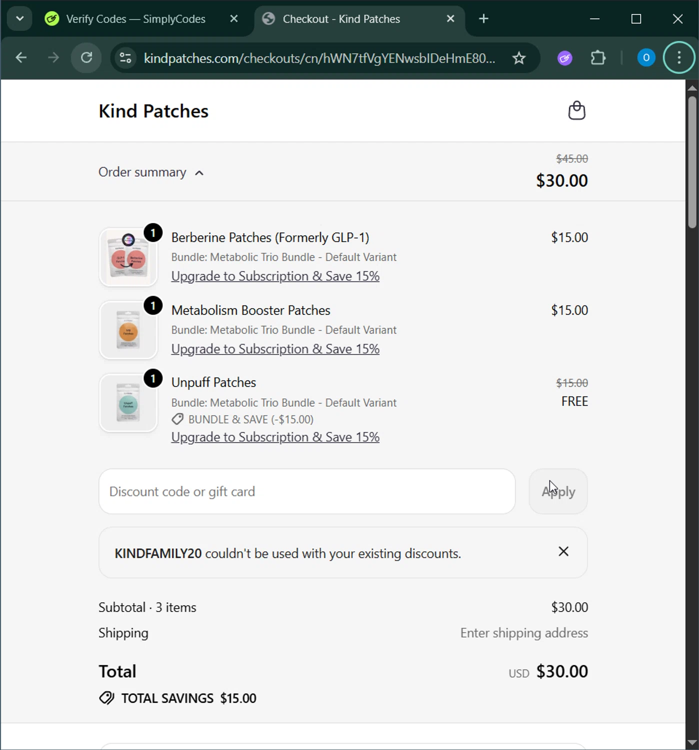 Kind Patches discount code screenshot showing code KINDFAMILY20 applied at Kind Patches checkout page. Uploaded by SimplyCodes community member GoldChaser6627 on Jan 22, 2026