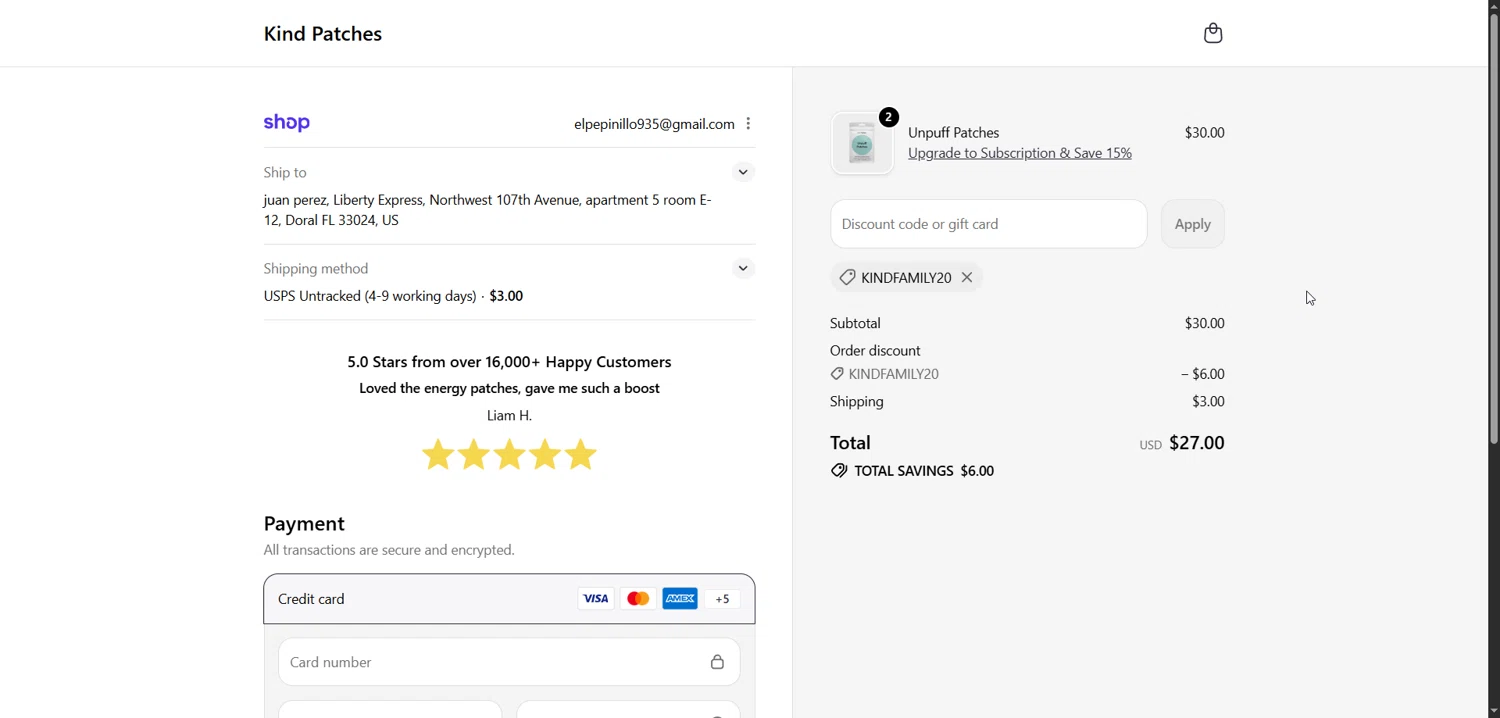 Kind Patches discount code screenshot showing code KINDFAMILY20 applied at Kind Patches checkout page. Uploaded by SimplyCodes community member ValueHawk3038 on Jan 17, 2026