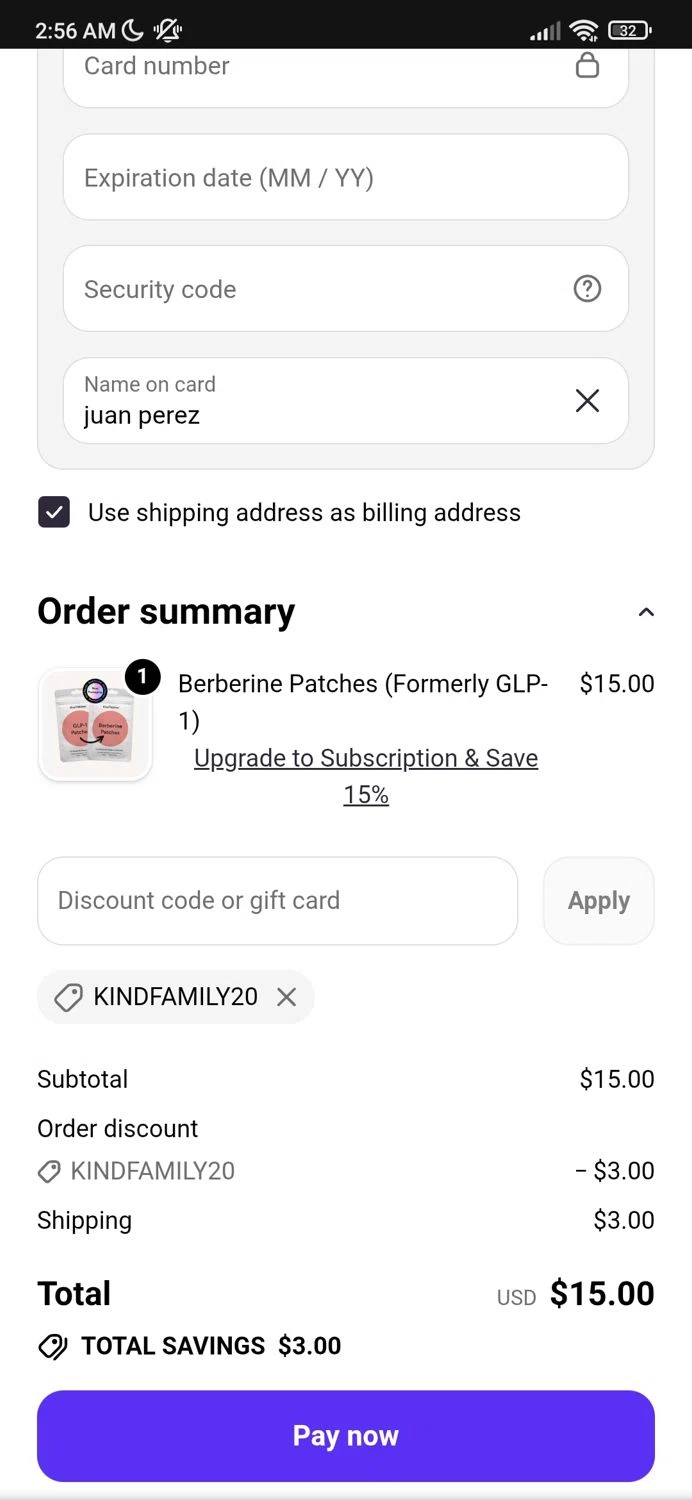 Kind Patches discount code screenshot showing code KINDFAMILY20 applied at Kind Patches checkout page. Uploaded by SimplyCodes community member Enmanuel99 on Jan 5, 2026