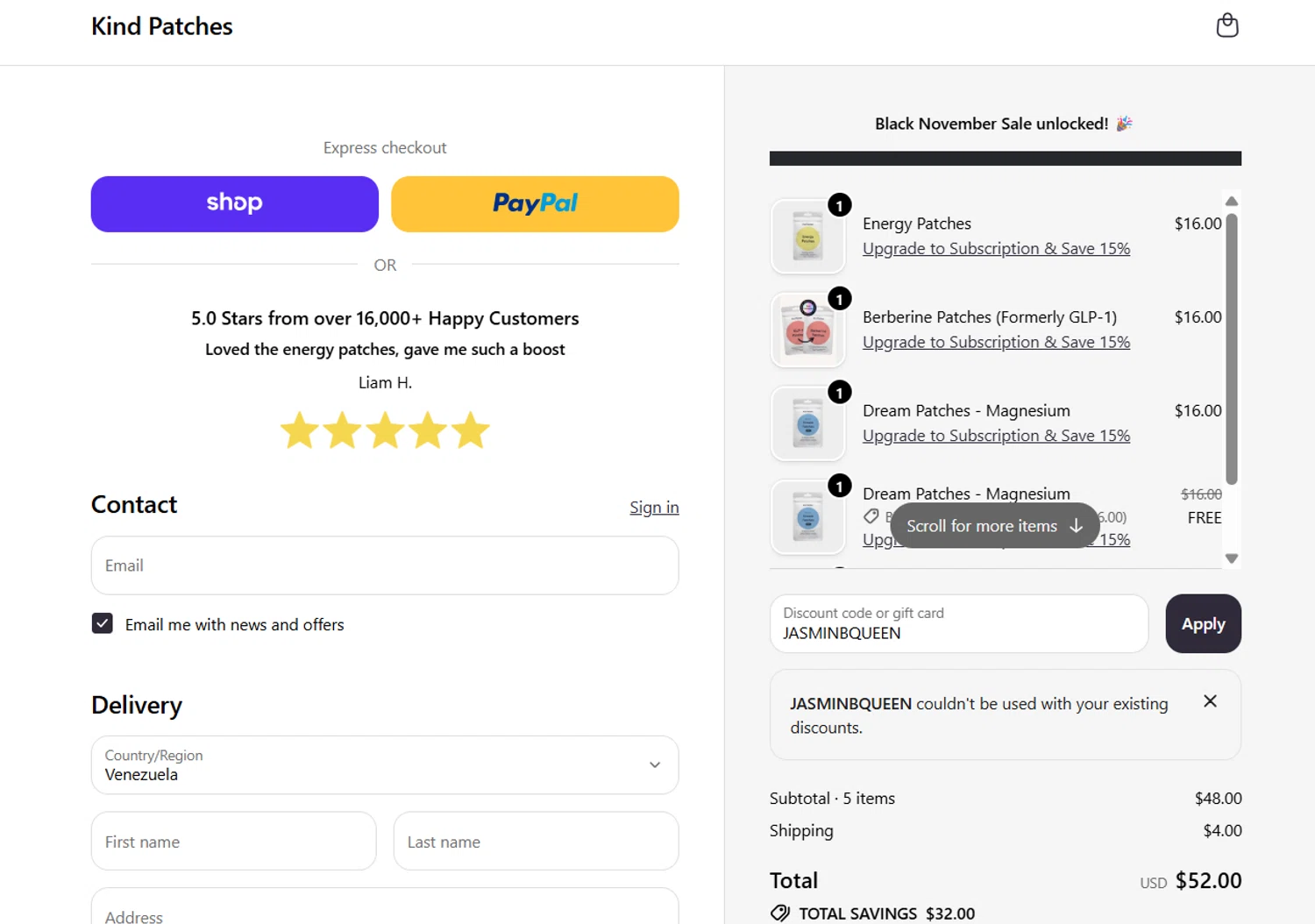 Kind Patches discount code screenshot showing code JASMINBQUEEN applied at Kind Patches checkout page. Uploaded by SimplyCodes community member antonietarodriguez96 on Nov 4, 2025