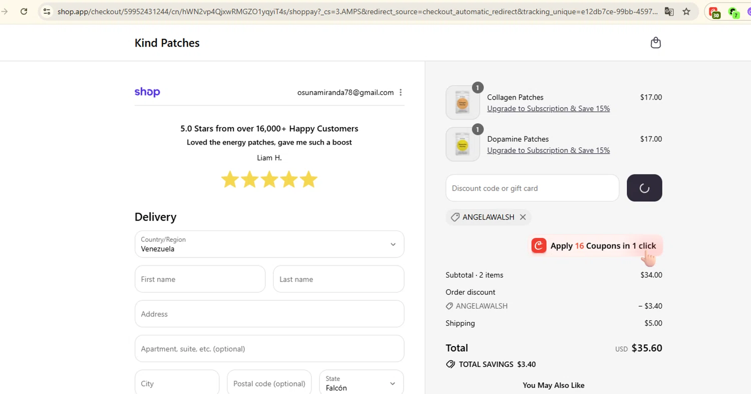 Kind Patches discount code screenshot showing code ANGELAWALSH applied at Kind Patches checkout page. Uploaded by SimplyCodes community member manu_sito20 on Sep 13, 2025
