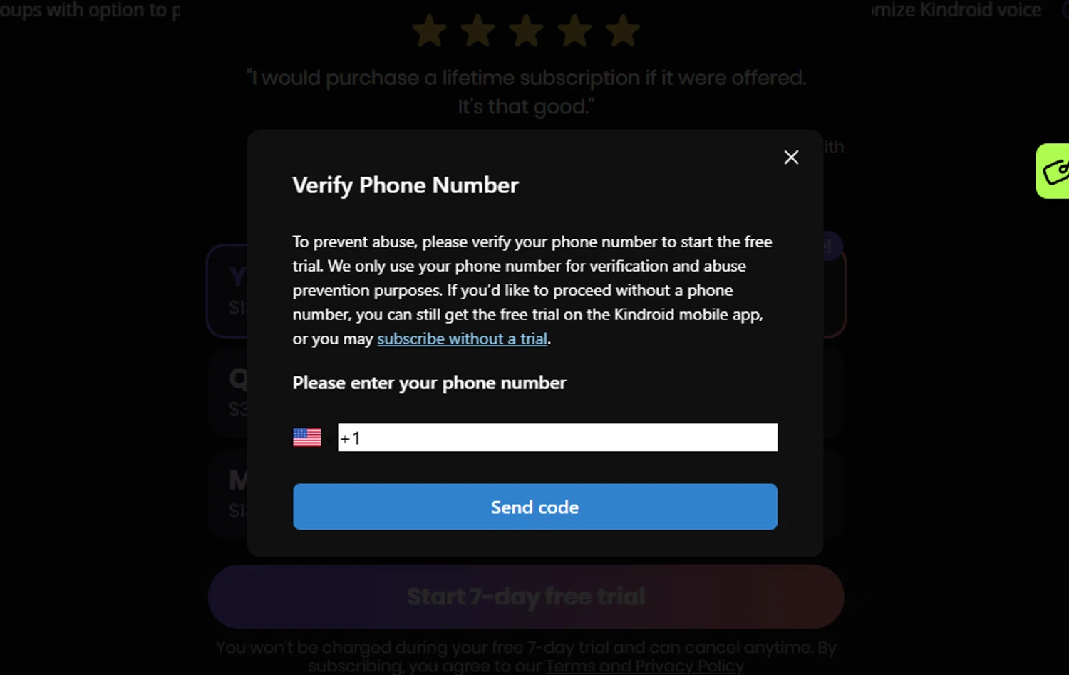 Kindroid promo code screenshot showing code ChatNow50x applied at Kindroid checkout page. Uploaded by SimplyCodes community member SimplyCVerlie on May 29, 2025