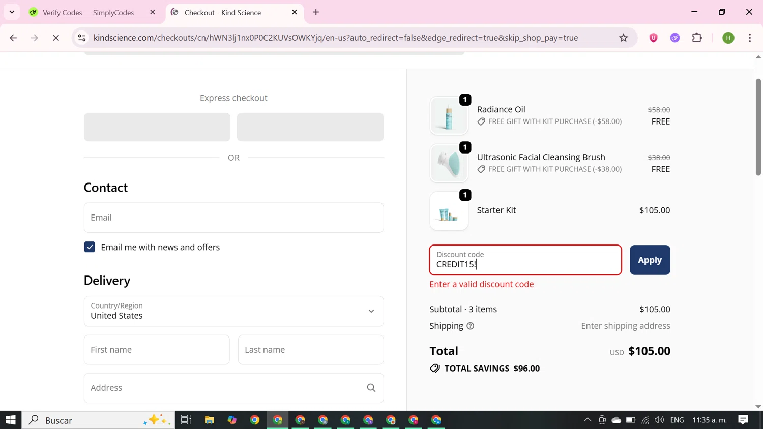 Kind Science discount code screenshot showing code CREDIT15! applied at Kind Science checkout page. Uploaded by SimplyCodes community member BudgetFalcon2689 on Oct 5, 2025