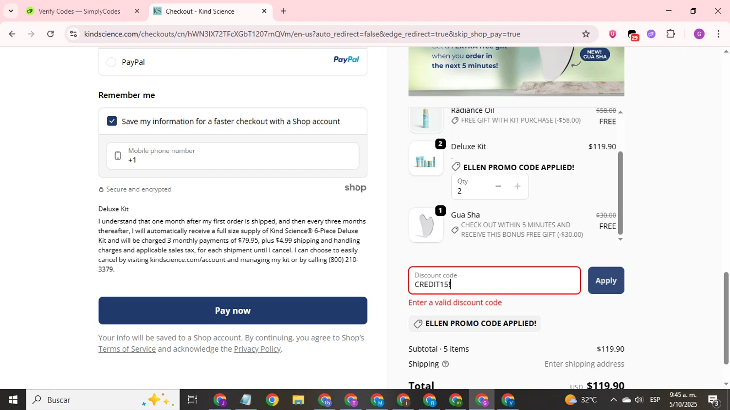 Kind Science discount code screenshot showing code CREDIT15! applied at Kind Science checkout page. Uploaded by SimplyCodes community member ValuePilot6849 on Oct 5, 2025
