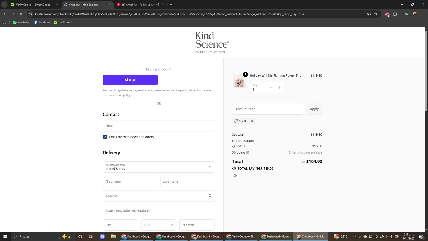 Kind Science discount code screenshot showing code 15OFF applied at Kind Science checkout page. Uploaded by SimplyCodes community member ScanShopper554 on Nov 6, 2025