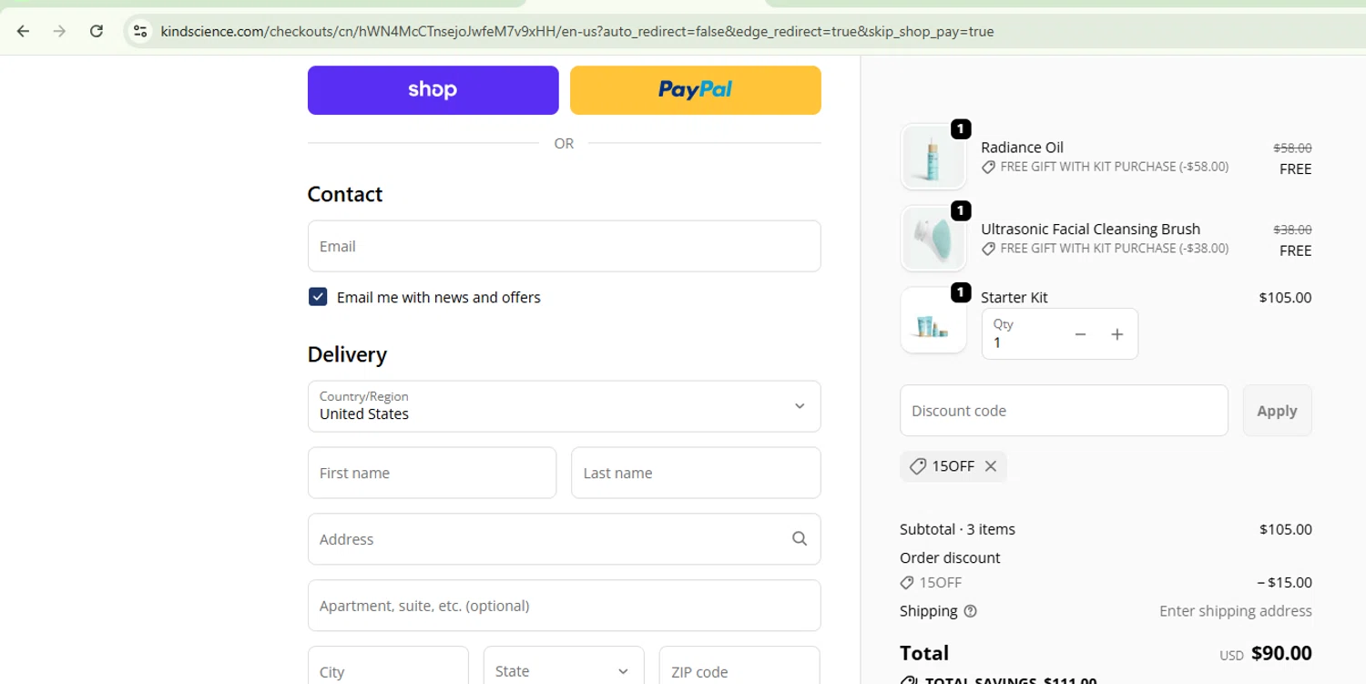 Kind Science discount code screenshot showing code 15OFF applied at Kind Science checkout page. Uploaded by SimplyCodes community member TokenChaser7698 on Oct 21, 2025