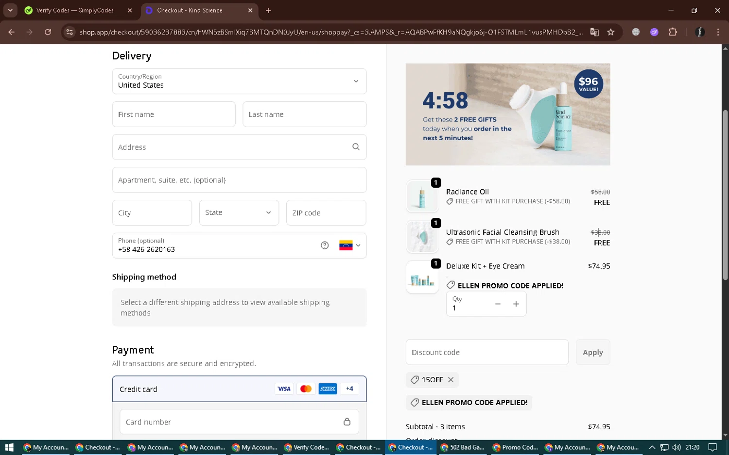 Kind Science discount code screenshot showing code 15OFF applied at Kind Science checkout page. Uploaded by SimplyCodes community member alexdaal on Dec 3, 2025