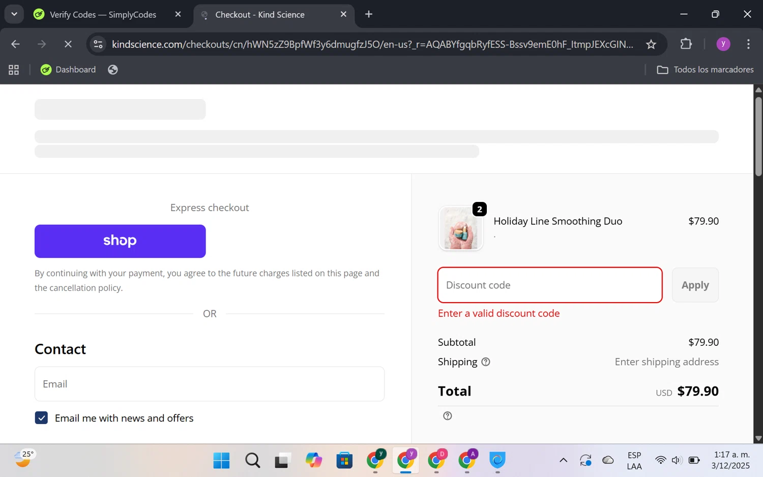 Kind Science discount code screenshot showing code BFCM30 applied at Kind Science checkout page. Uploaded by SimplyCodes community member FrugalKnight6753 on Dec 3, 2025