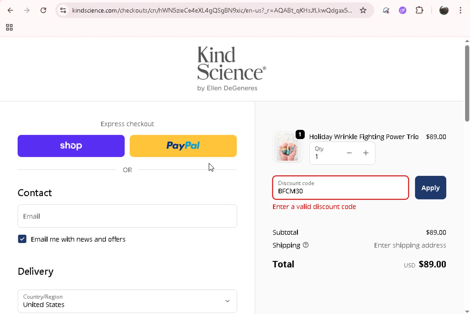 Kind Science discount code screenshot showing code BFCM30 applied at Kind Science checkout page. Uploaded by SimplyCodes community member onebullet on Dec 3, 2025