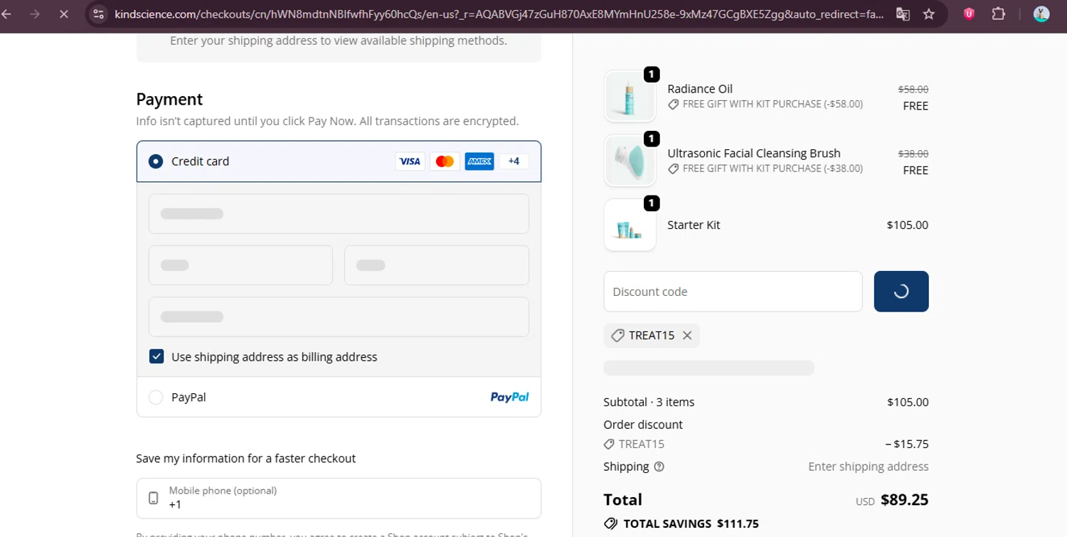 Kind Science checkout page showing Kind Science discount code box | Screenshot taken by SimplyCodes community member on Feb 14, 2026