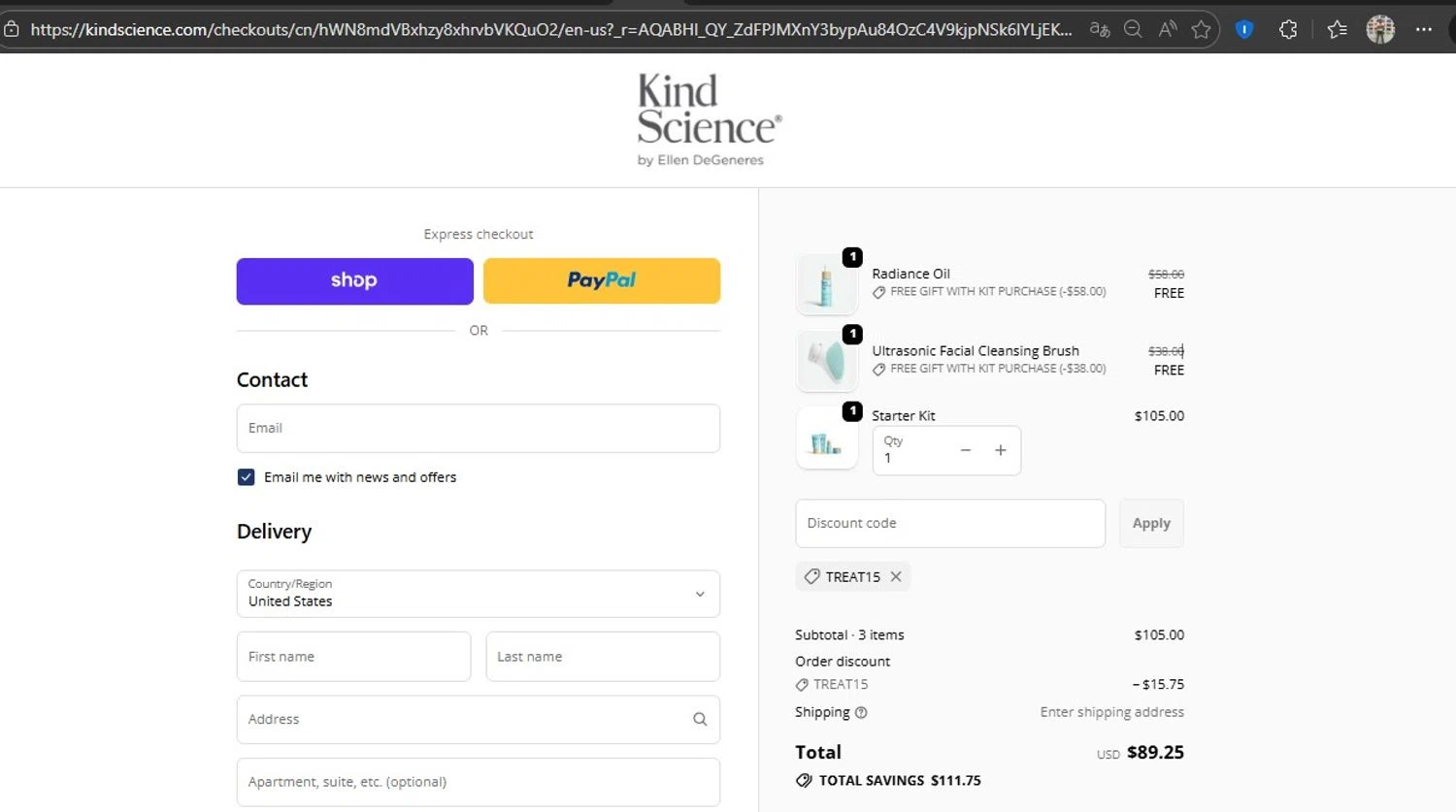 Kind Science discount code screenshot showing code TREAT15 applied at Kind Science checkout page. Uploaded by SimplyCodes community member HonestVzla on Feb 14, 2026