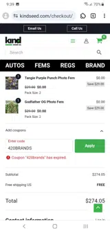 Kind Seed coupon verification screenshot